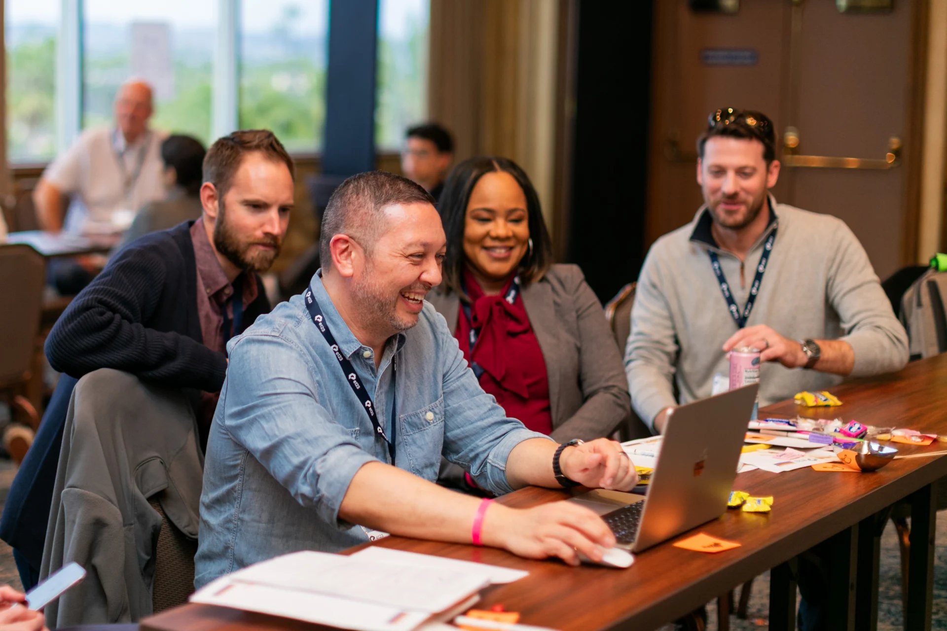 Part of the e123 team at a company meeting.