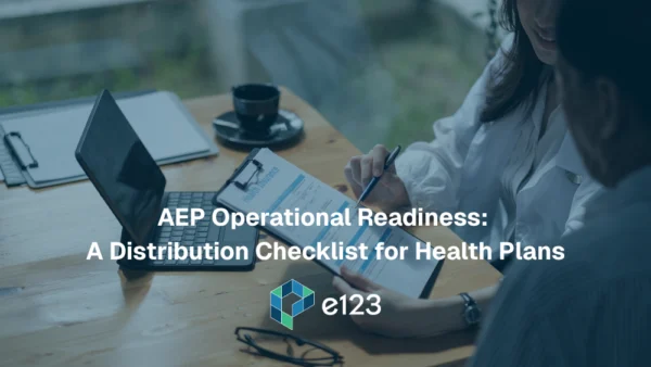 Two people review a Distribution Checklist on a clipboard at a desk with coffee, above a title that reads AEP Operational Readiness: A Distribution Checklist for Health Plans and the e123 logo.