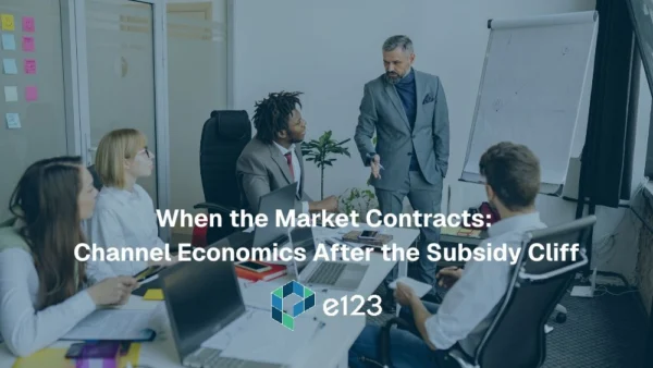 A man in a suit presents to colleagues in a conference room, with the title When the Market Contracts: Channel Economics After the Subsidy Cliff and the e123 logo overlaid.